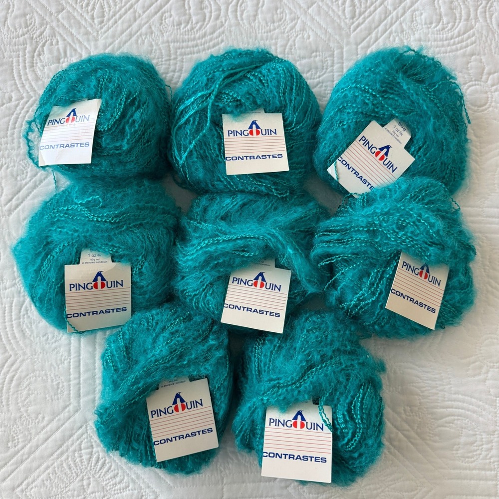 8 Skeins Pingouin Contrastes Mohair Blend Yarn Teal Blue Col 15 Lot 642050 400g